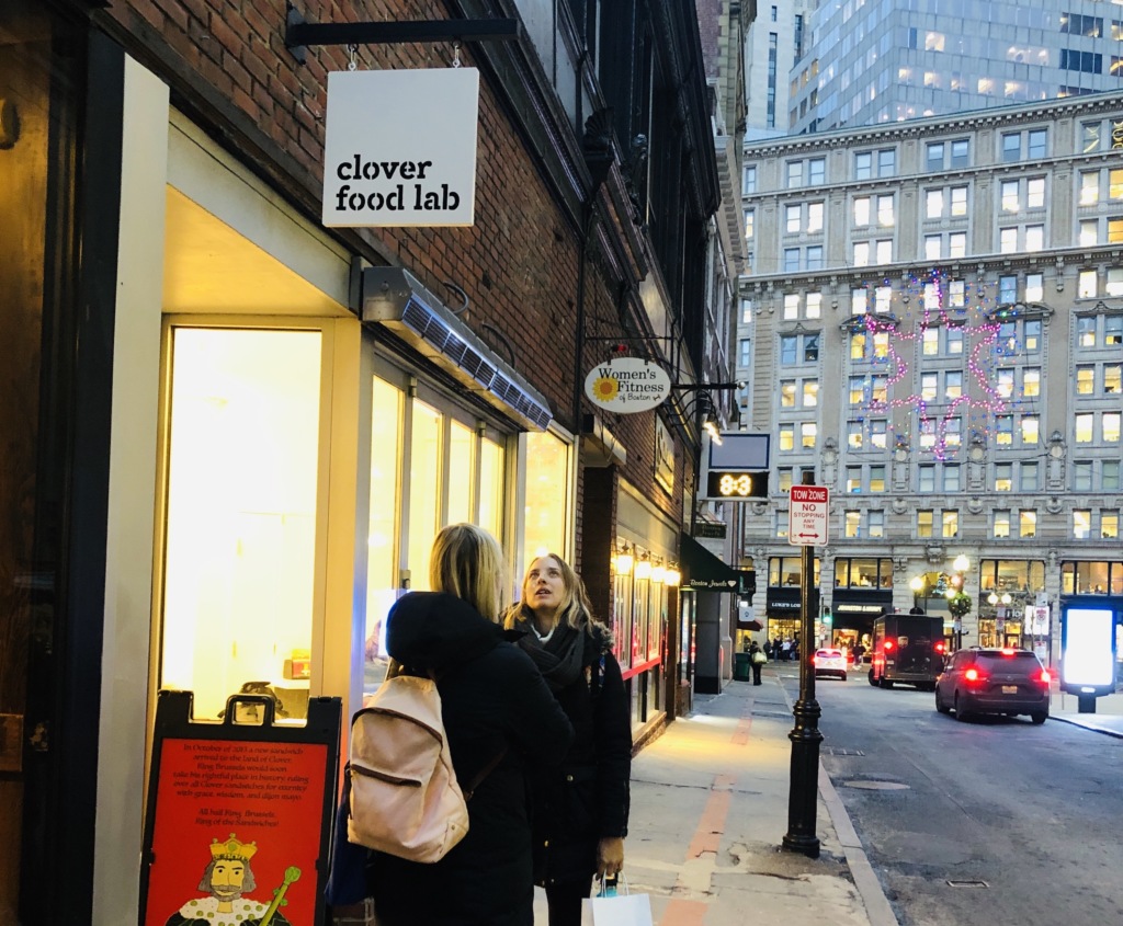 CloverDTX (Downtown Crossing) with new "blade" sign installed. Allowing new logo rollout to take place over time allows us to avoid waste typically involved with re-branding